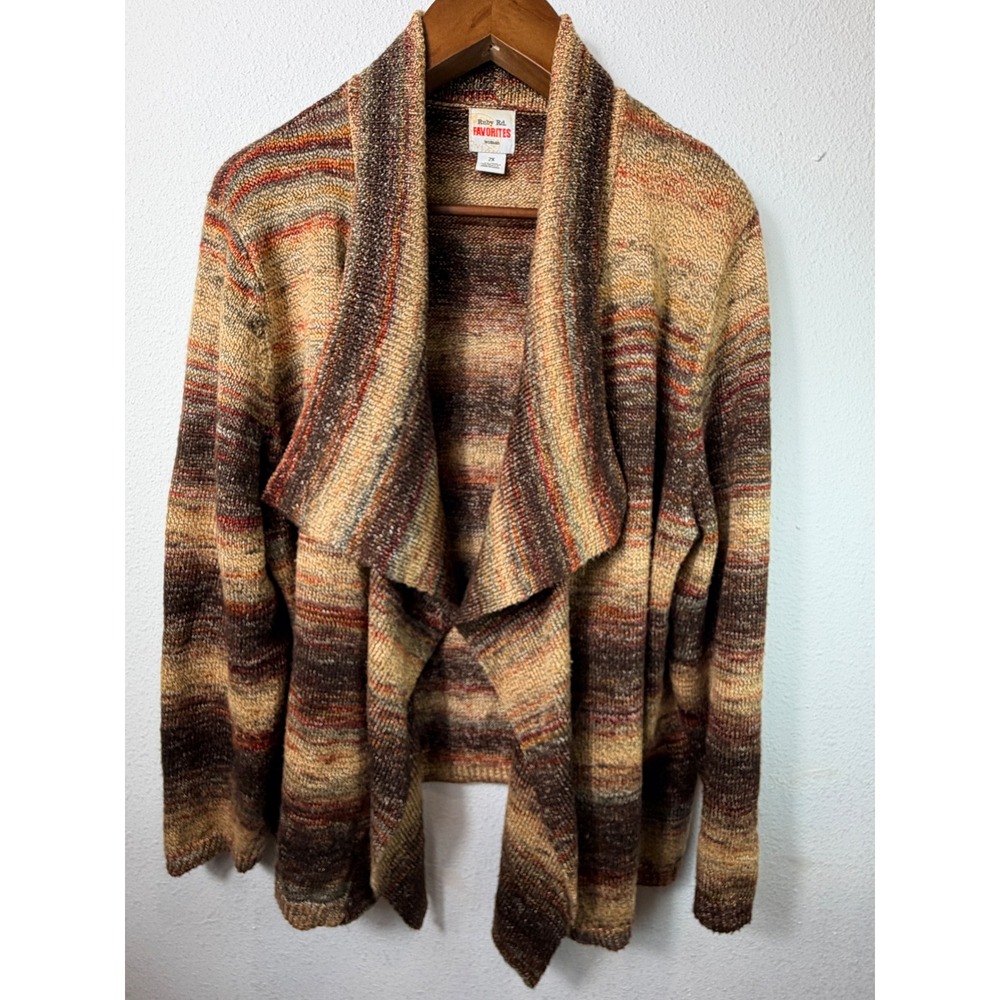 Ruby Rd. Women Cardigan Brown 2X Open Front Space Dye Knit Sweater